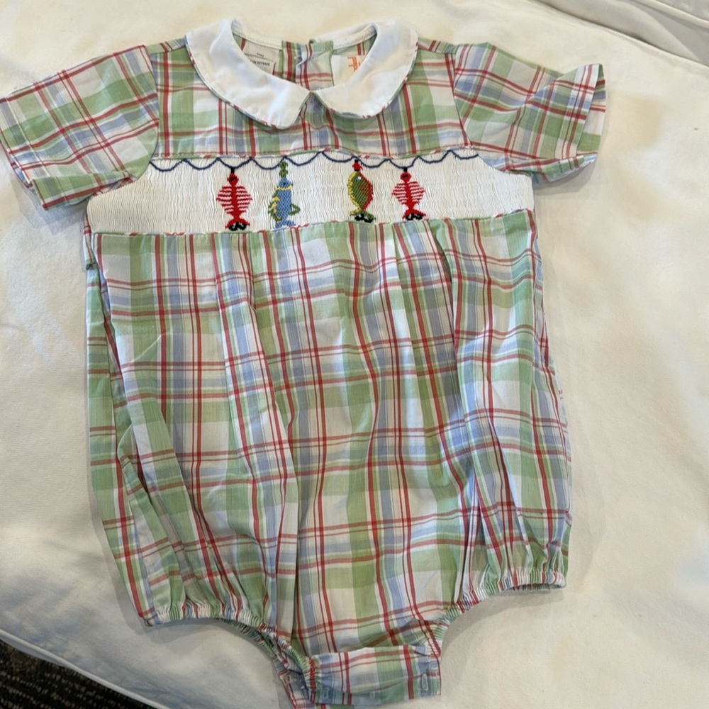 Marked giraffe size 24 month bubble romper with fishing lures